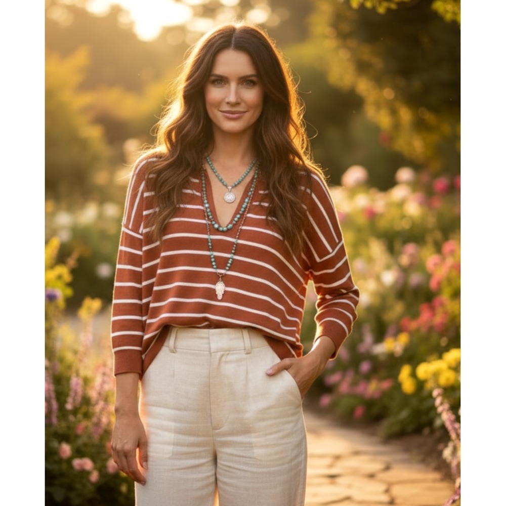 Loft S Women's Sweater Rust Orange Stripe Academia Preppy Cozy Comfy Minimalist